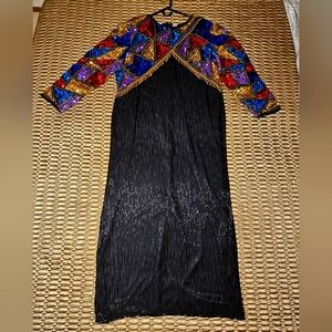 Stunning Vintage Laurence Kazar Silk Beaded Gown- Floor Length, Long Sleeves, 2X